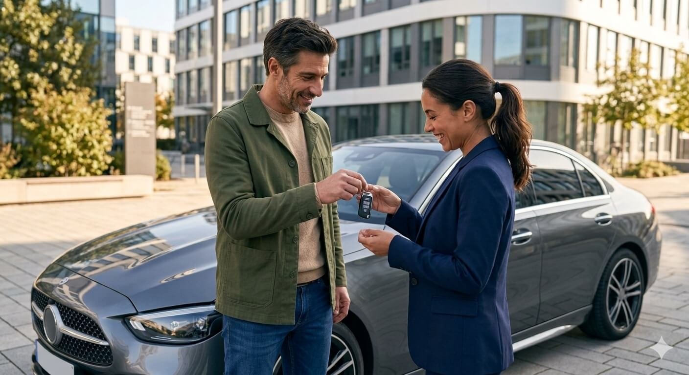 Automobiliste recevant les clés de son véhicule