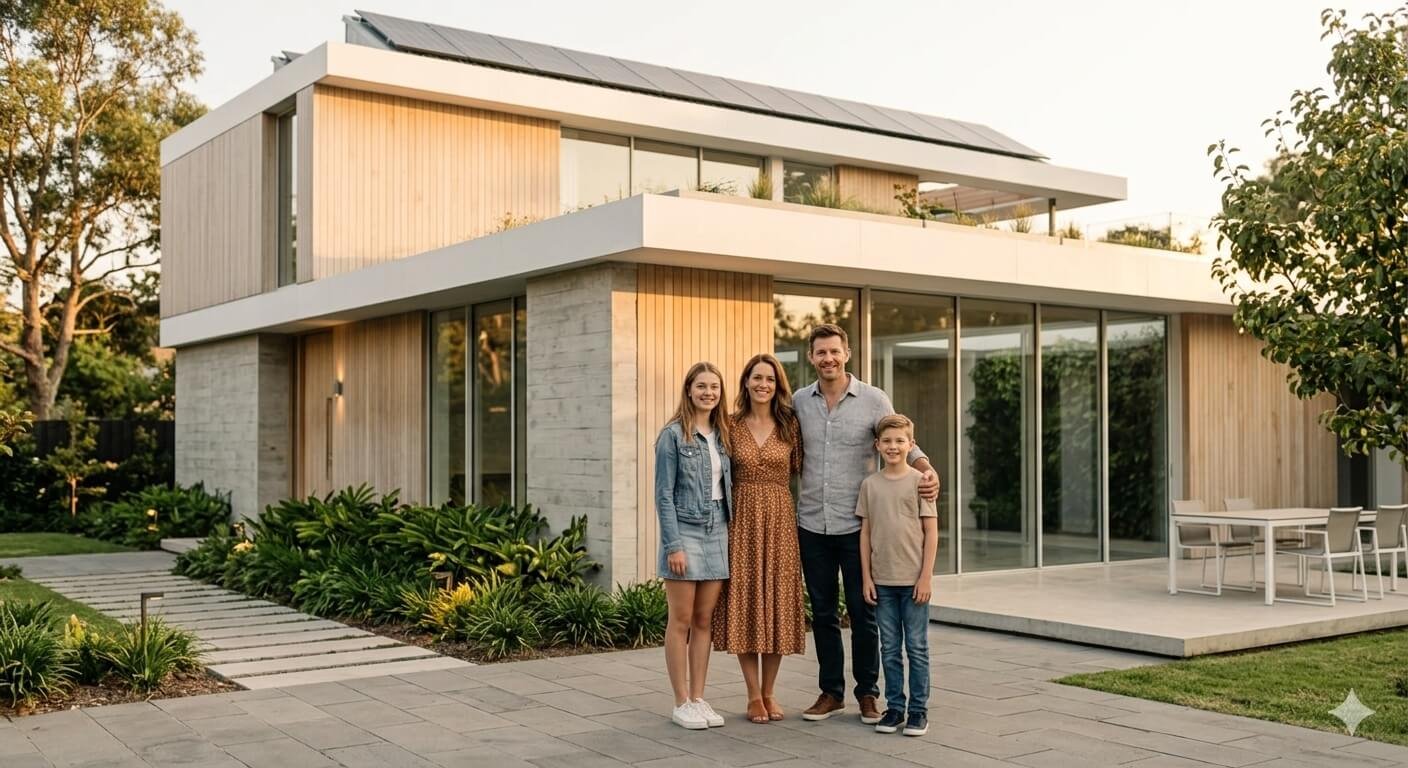 Famille devant sa maison nouvellement acquise